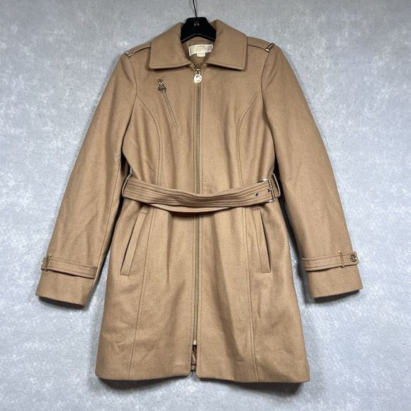 Michael Kors Coat Size 6 Camel Brown Wool Blended Zipper Belted Jacket - Picture 1 of 15